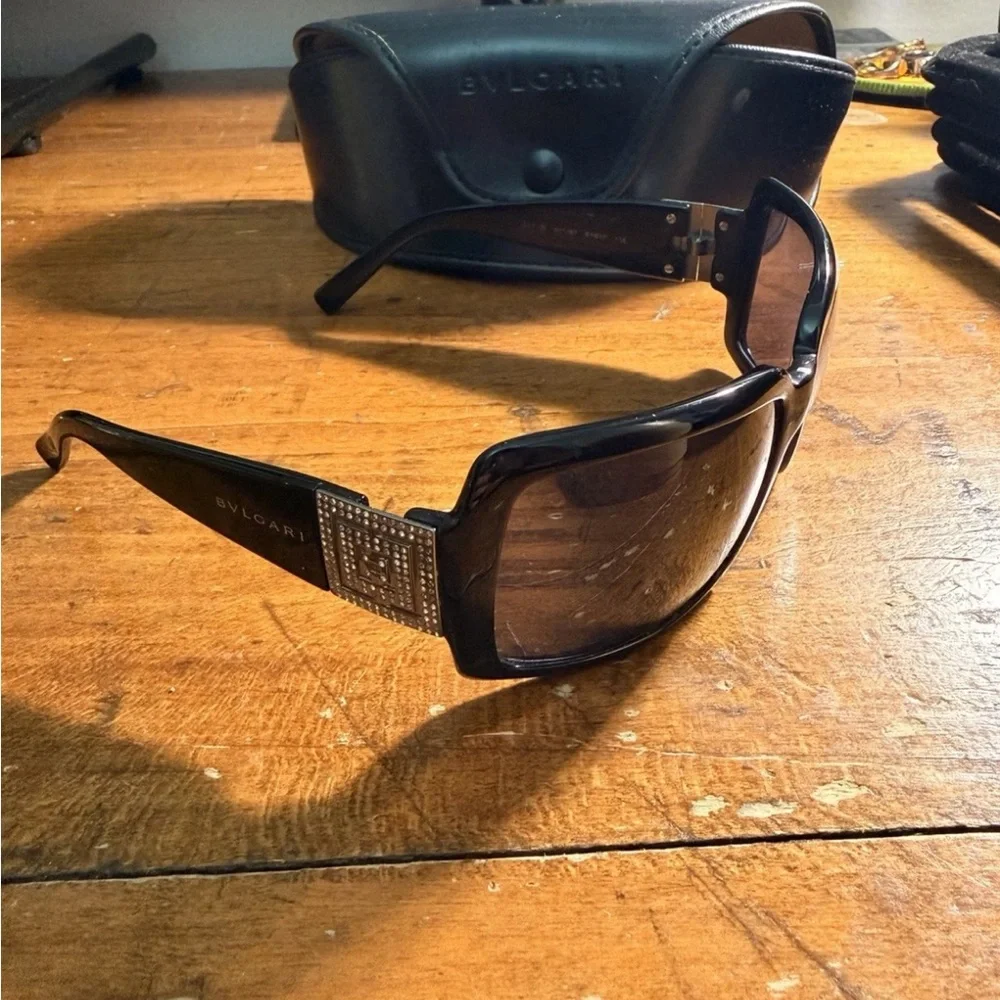 Bulgari Black Sunglasses with Crystal Square Accent with case